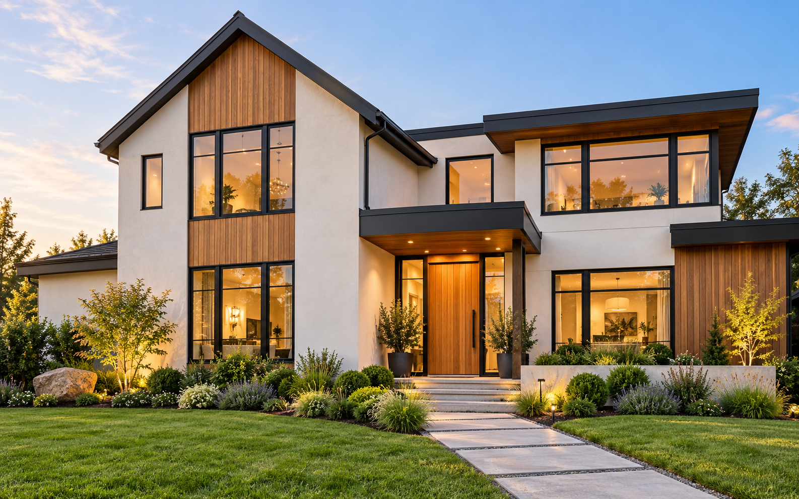 Illustrative new-construction home with a landscaped front entrance